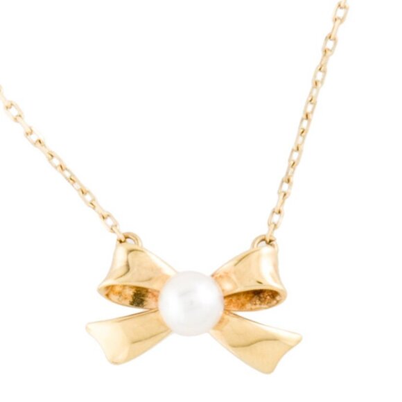 MIKIMOTO 18K 750 YELLOW GOLD CULTURED PEARL BOW PENDANT NECKLACE - Picture 2 of 9